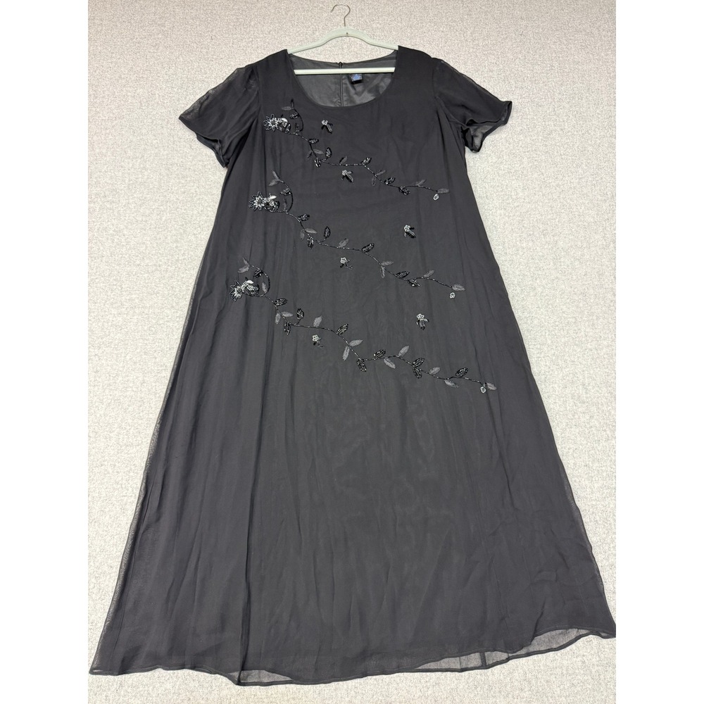 Eva Blue Plus Maxi Dress 16 Black Beaded Floral Sequin Short Sleeve Formal Gown